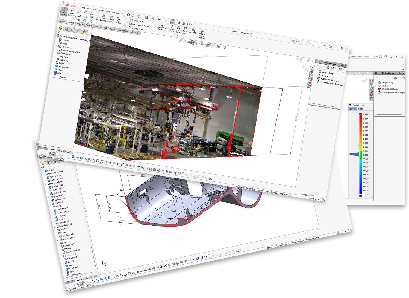 Polyga Xtract3D 2 inside SOLIDWORKS showing slice, sketch, and deviation workflows